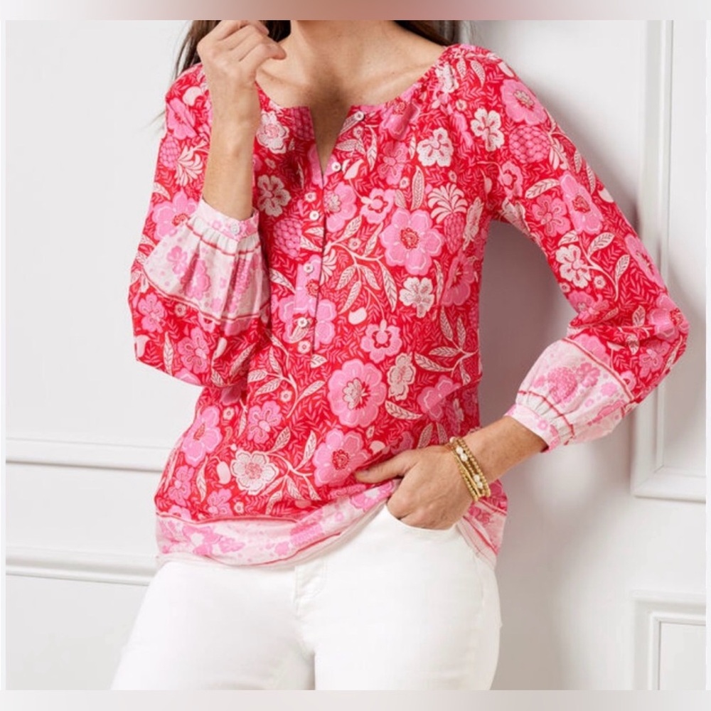 Talbots Floral Pineapple Paradise Button Front Popover Blouse - Picture 2 of 12